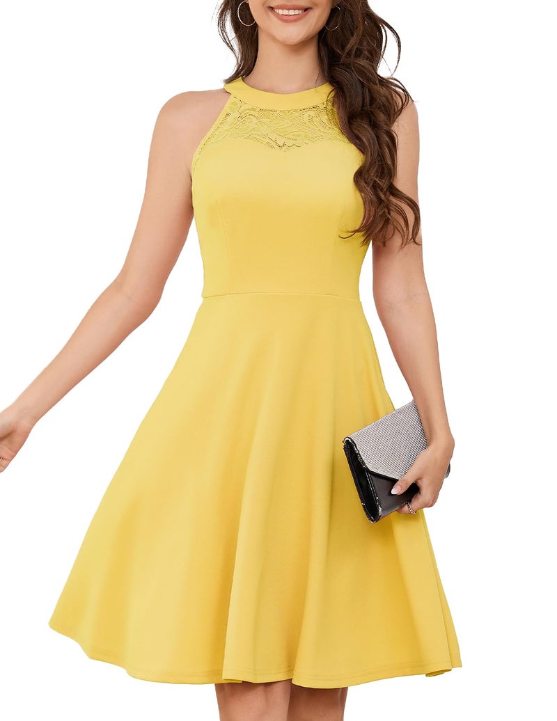 Bbonlinedress Yellow Short Vintage Wedding Bridesmaid Cocktail Party Lace Halter Summer 2024 Plus Size Dress Yellow 2XL - Image 1